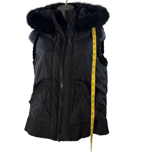Betsey Johnson Black Hooded Vest W/ Faux Fur Trim & Floral Lining Size S - Picture 8 of 12